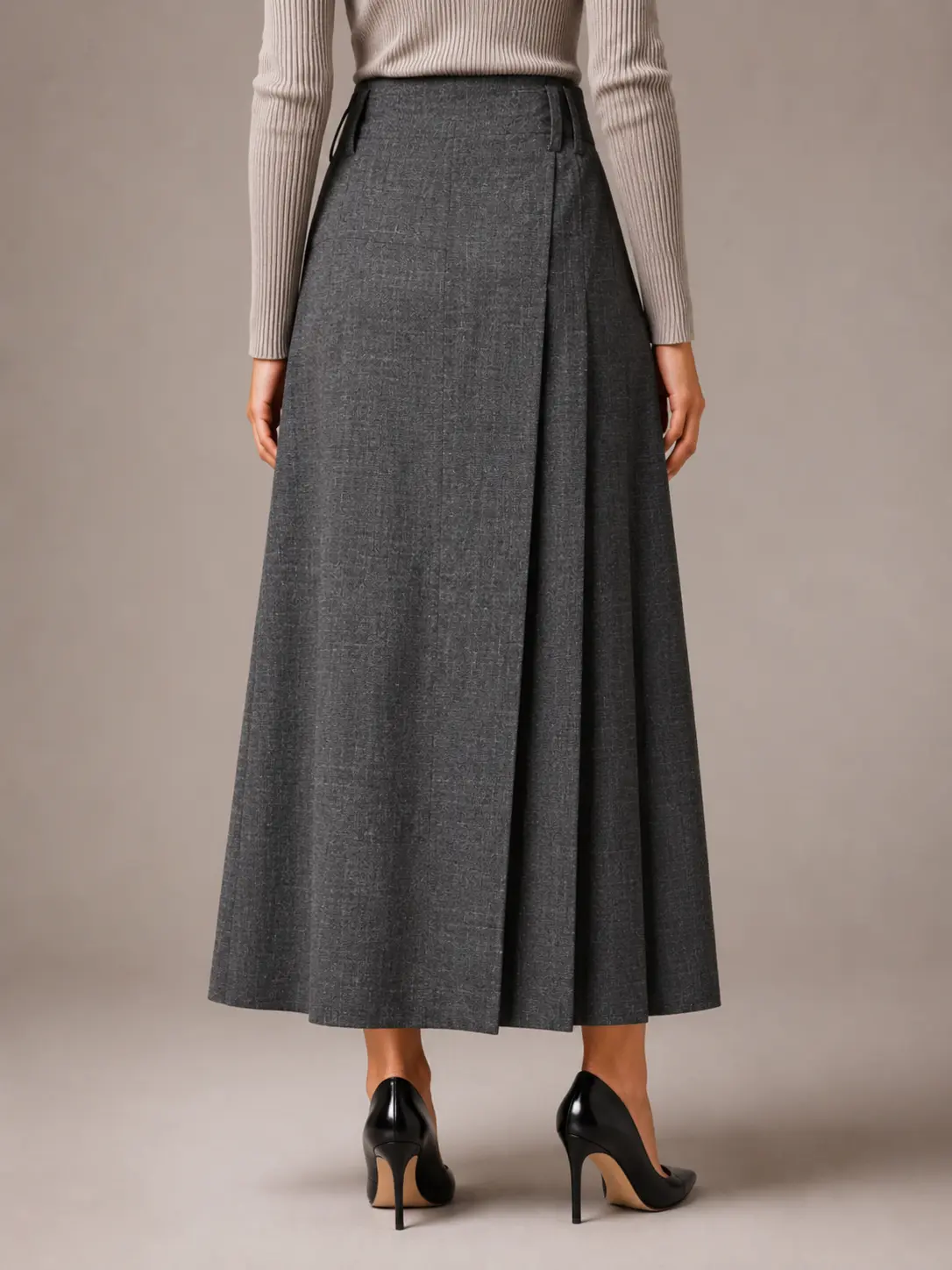 Charcoal Wrap-Front Pleated Midi Skirt