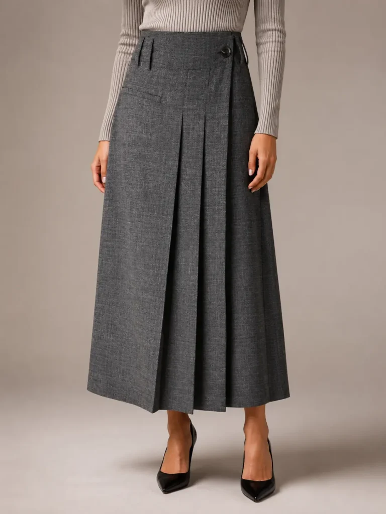 Charcoal Wrap-Front Pleated Midi Skirt