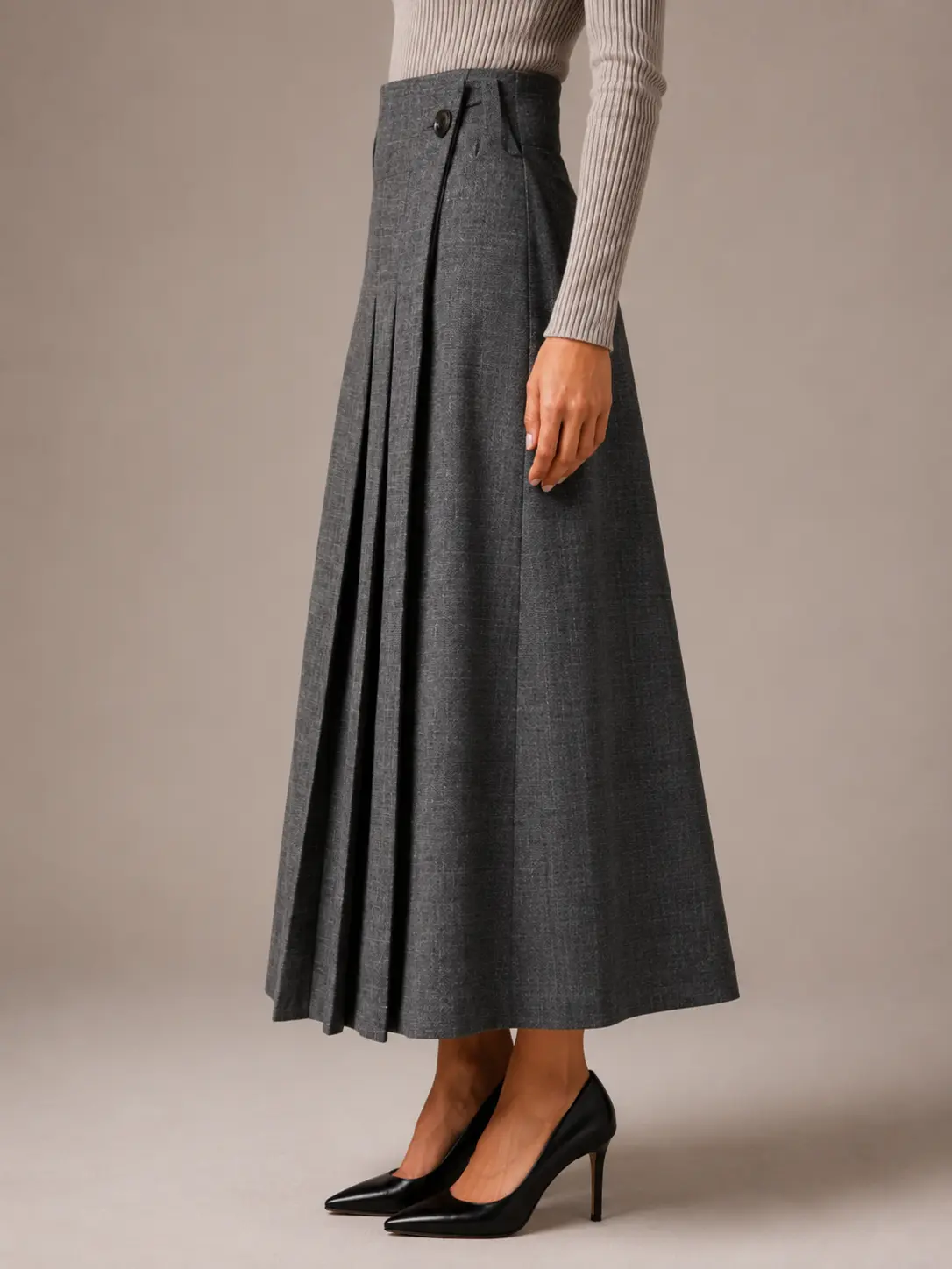 Charcoal Wrap-Front Pleated Midi Skirt