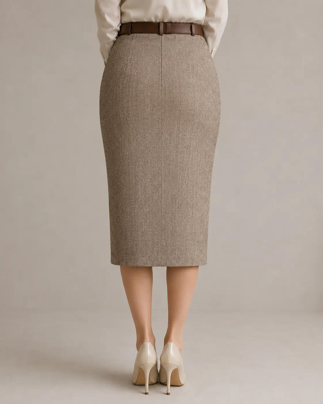 Taupe Textured High-Waisted Pencil Midi Skirt
