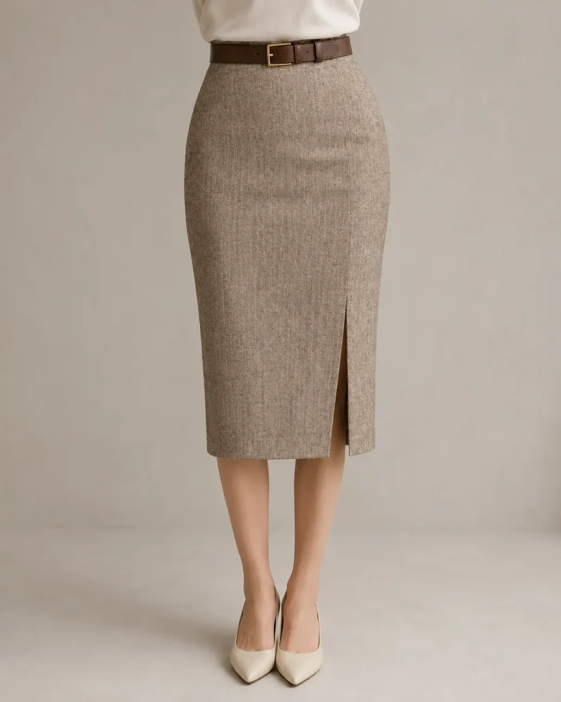 Taupe Textured High-Waisted Pencil Midi Skirt