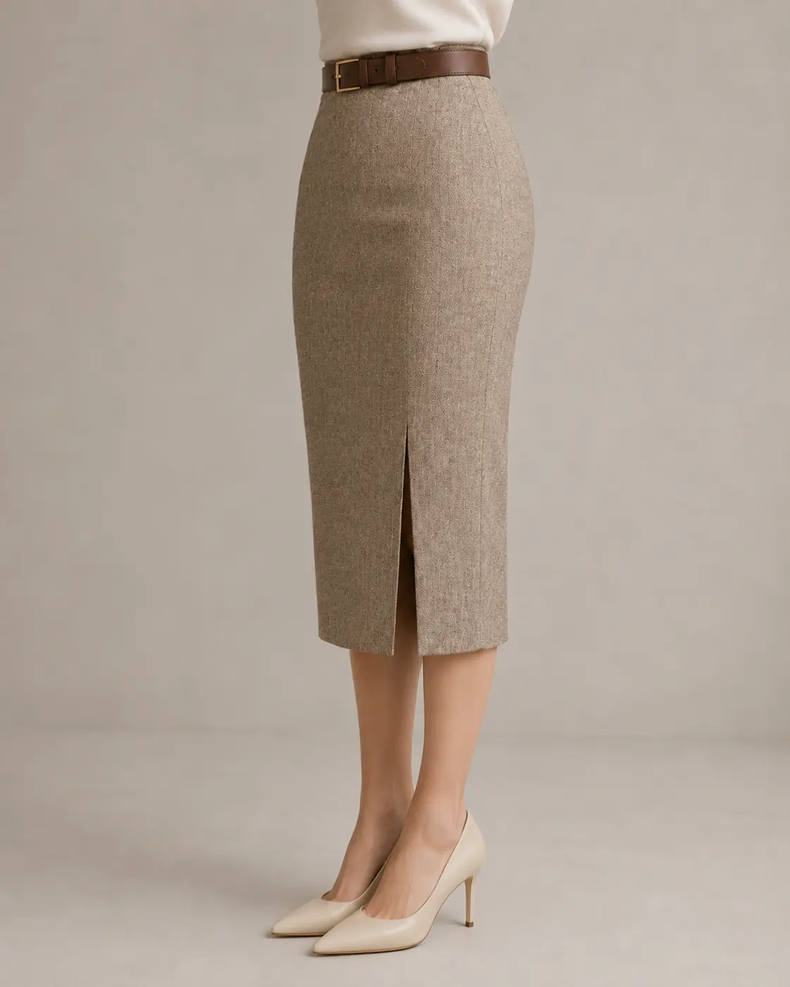 Taupe Textured High-Waisted Pencil Midi Skirt