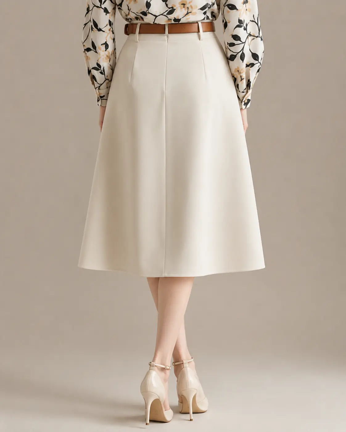 Ivory High-Waisted A-Line Midi Skirt