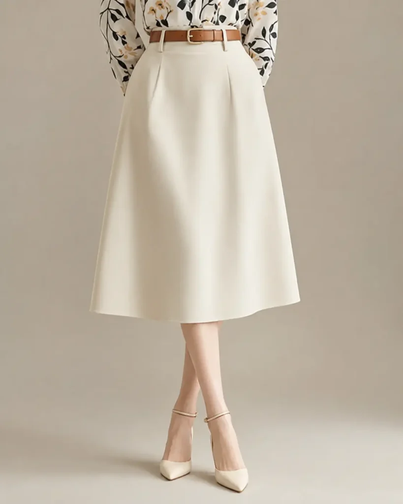 Ivory High-Waisted A-Line Midi Skirt