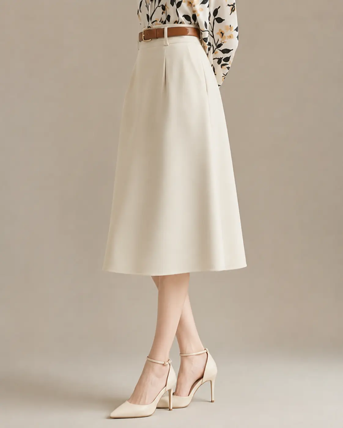 Ivory High-Waisted A-Line Midi Skirt
