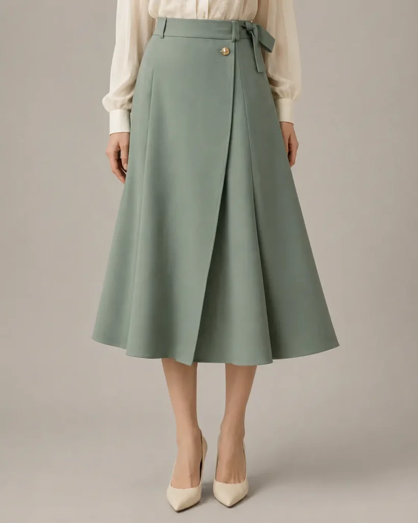 Sage Green Wrap-Front A-Line Midi Skirt