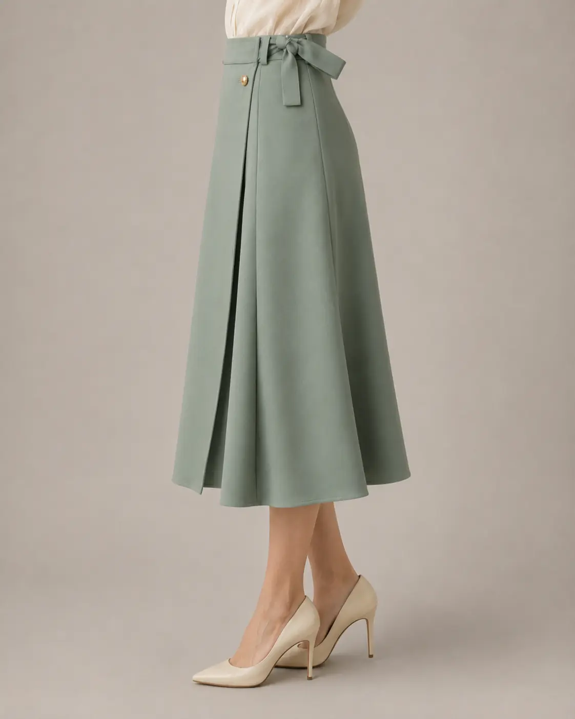 Sage Green Wrap-Front A-Line Midi Skirt