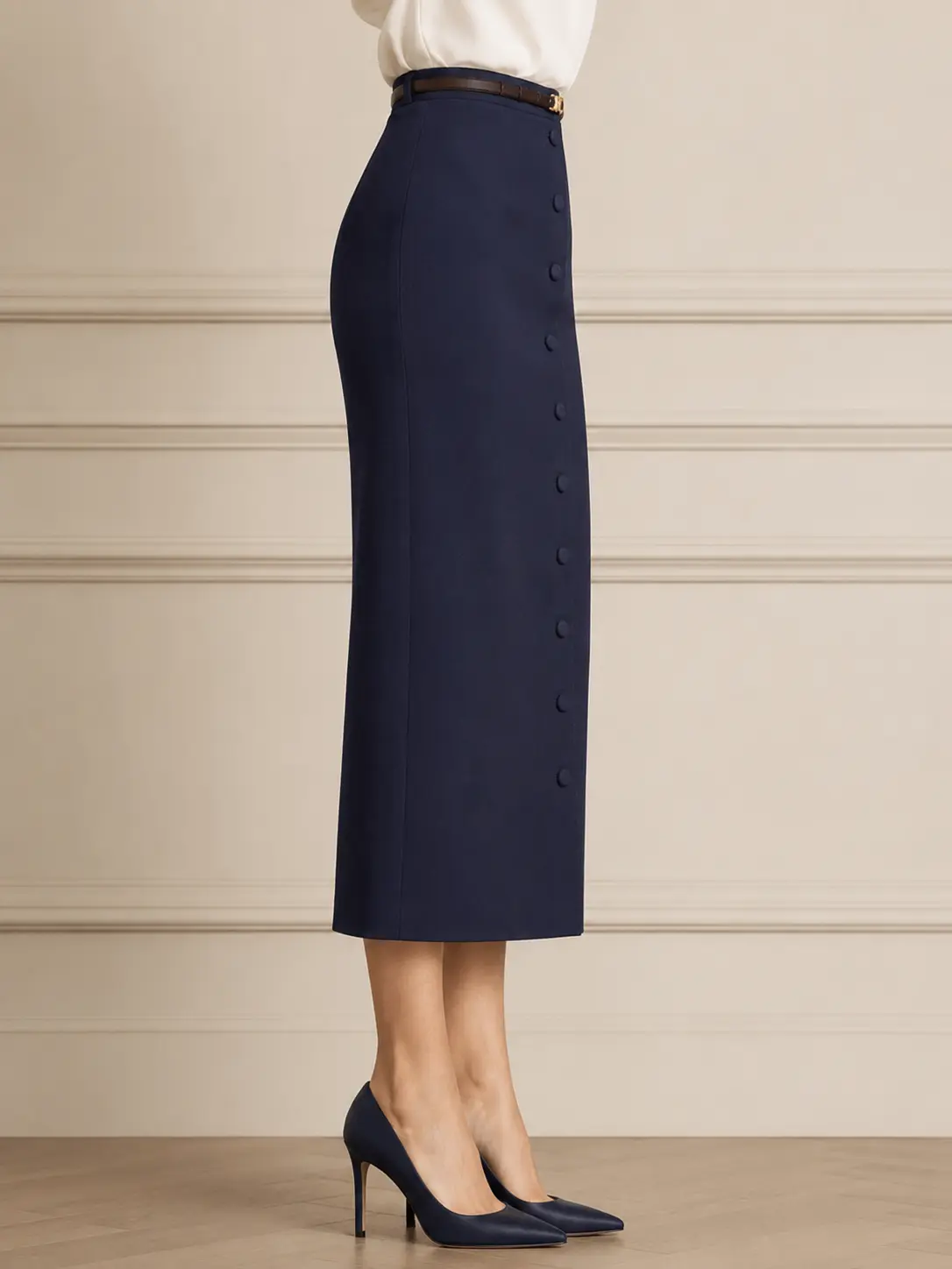 Navy Button-Front Pencil Midi Skirt