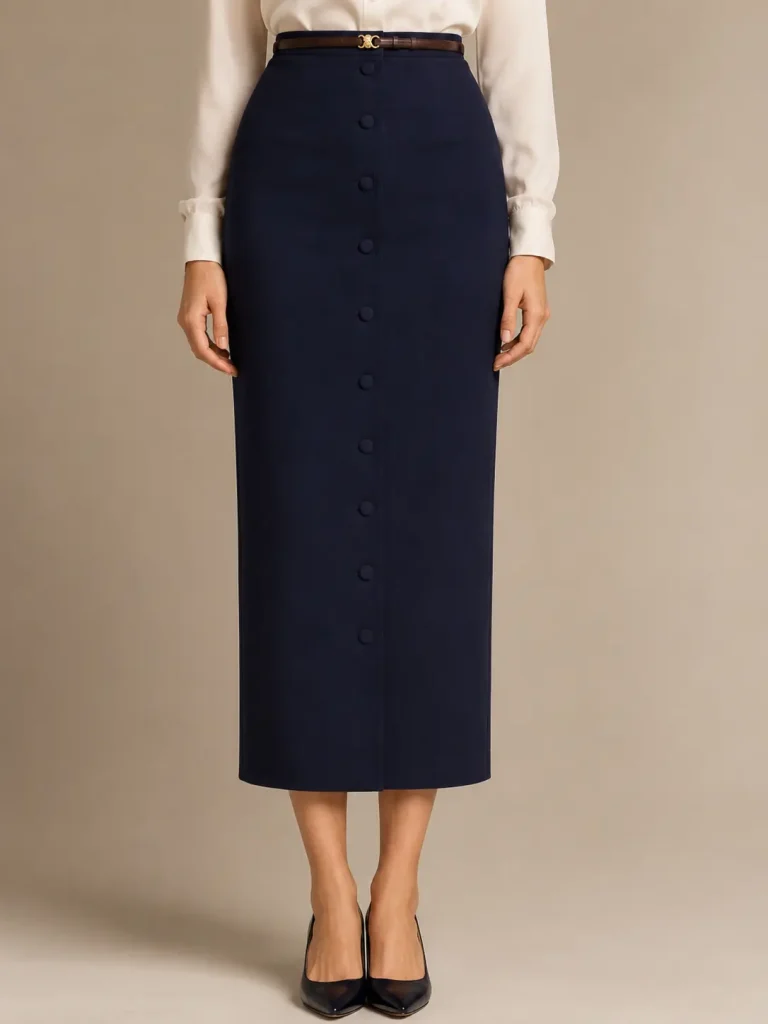 Navy Button-Front Pencil Midi Skirt