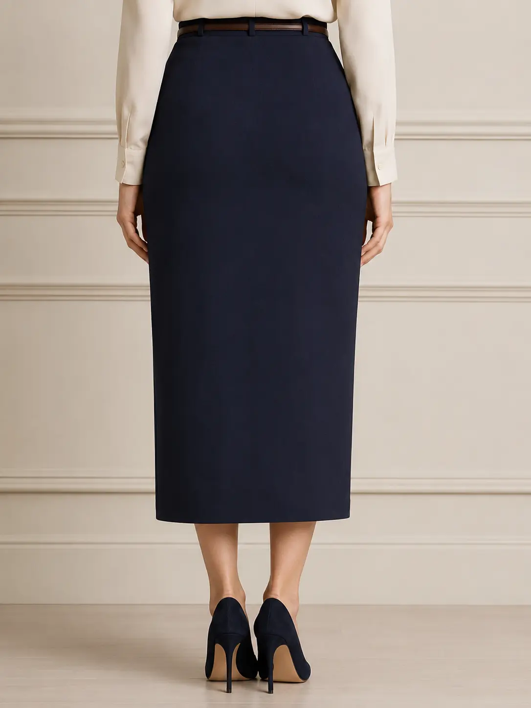 Navy Button-Front Pencil Midi Skirt