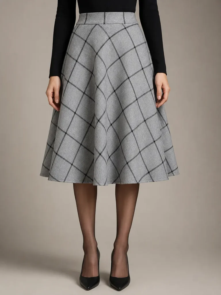 Grey Windowpane A-Line Midi Skirt