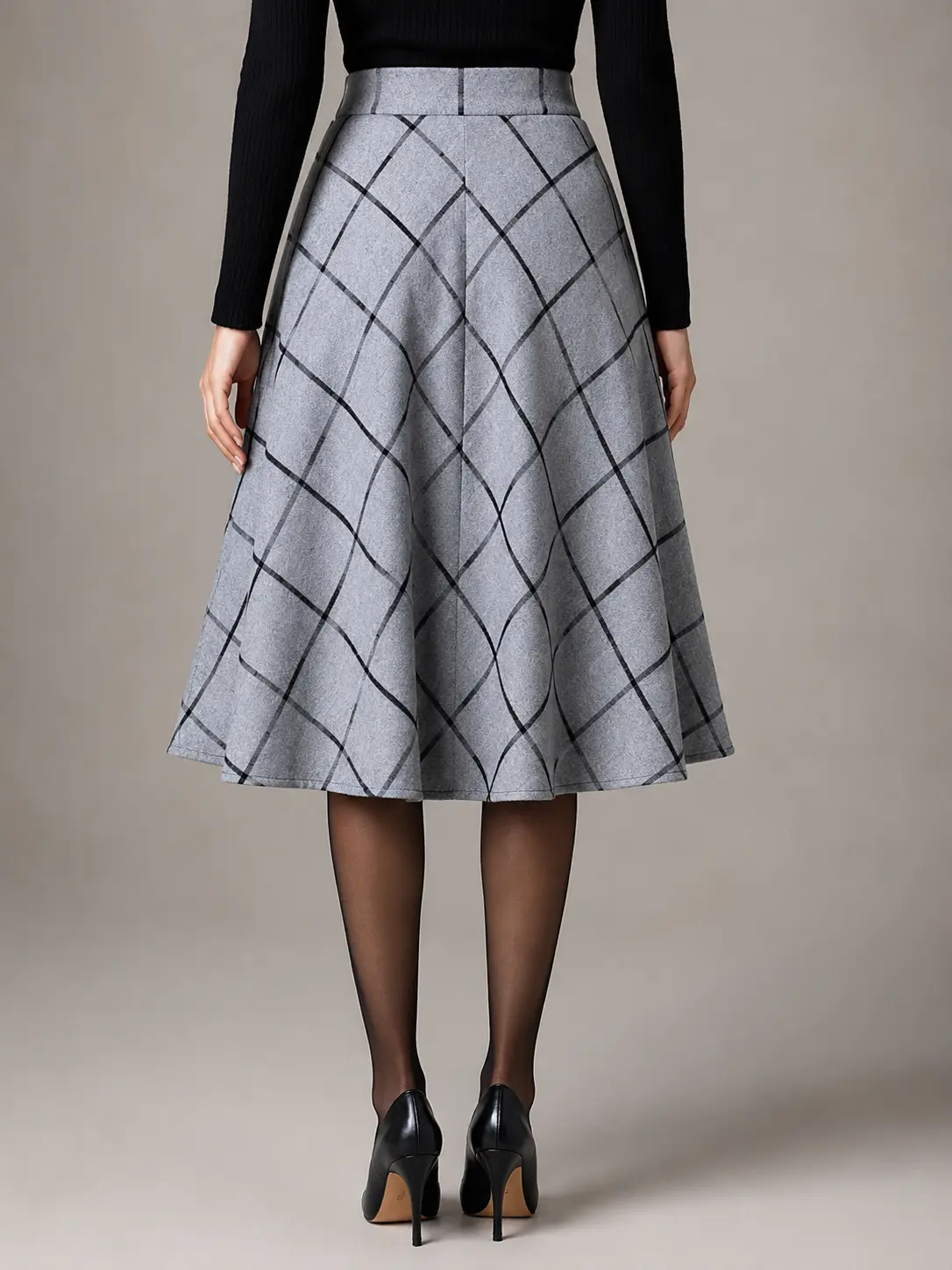 Grey Windowpane A-Line Midi Skirt