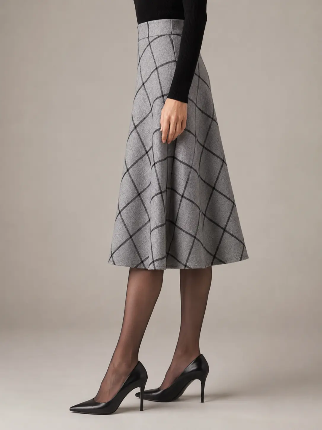 Grey Windowpane A-Line Midi Skirt