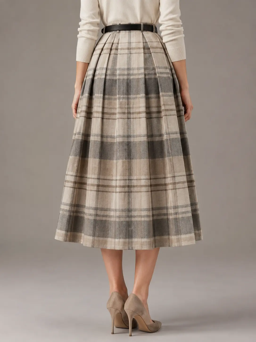 Taupe Plaid Pleated Midi Skirt