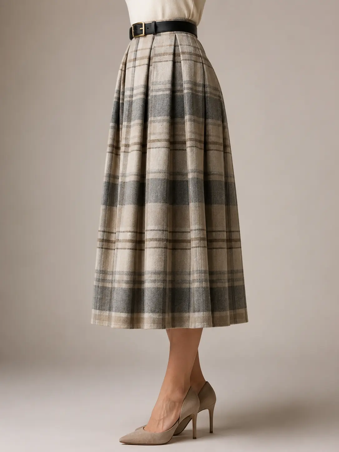 Taupe Plaid Pleated Midi Skirt