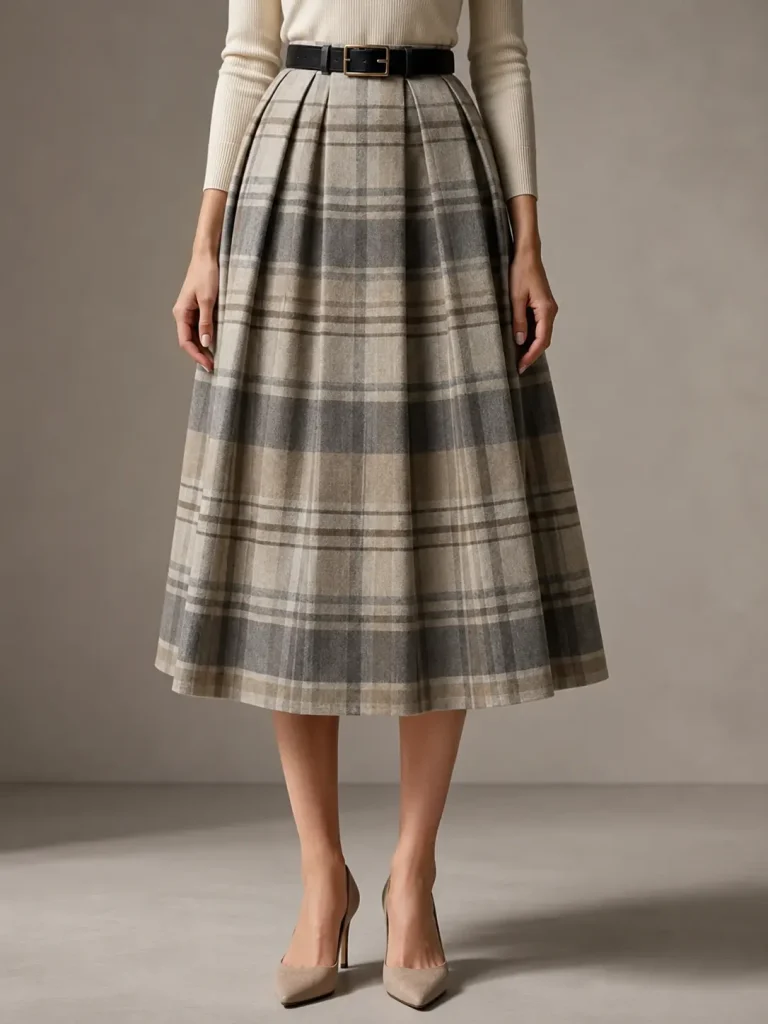 Taupe Plaid Pleated Midi Skirt