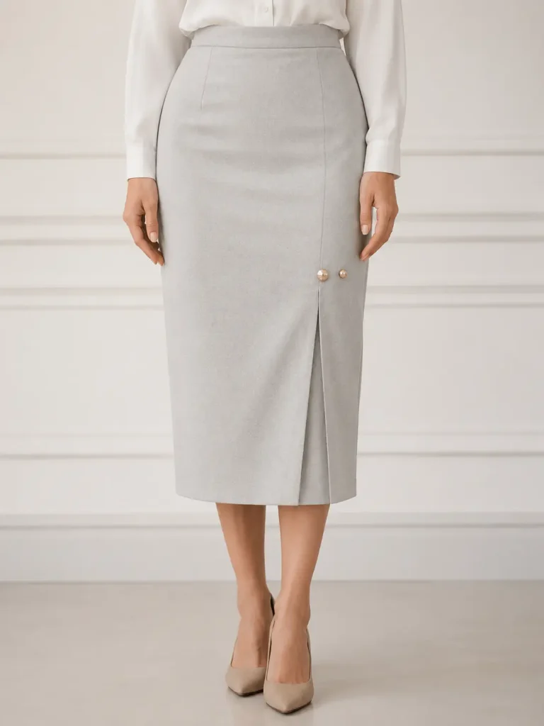 Light Grey Button-Detail Pencil Midi Skirt