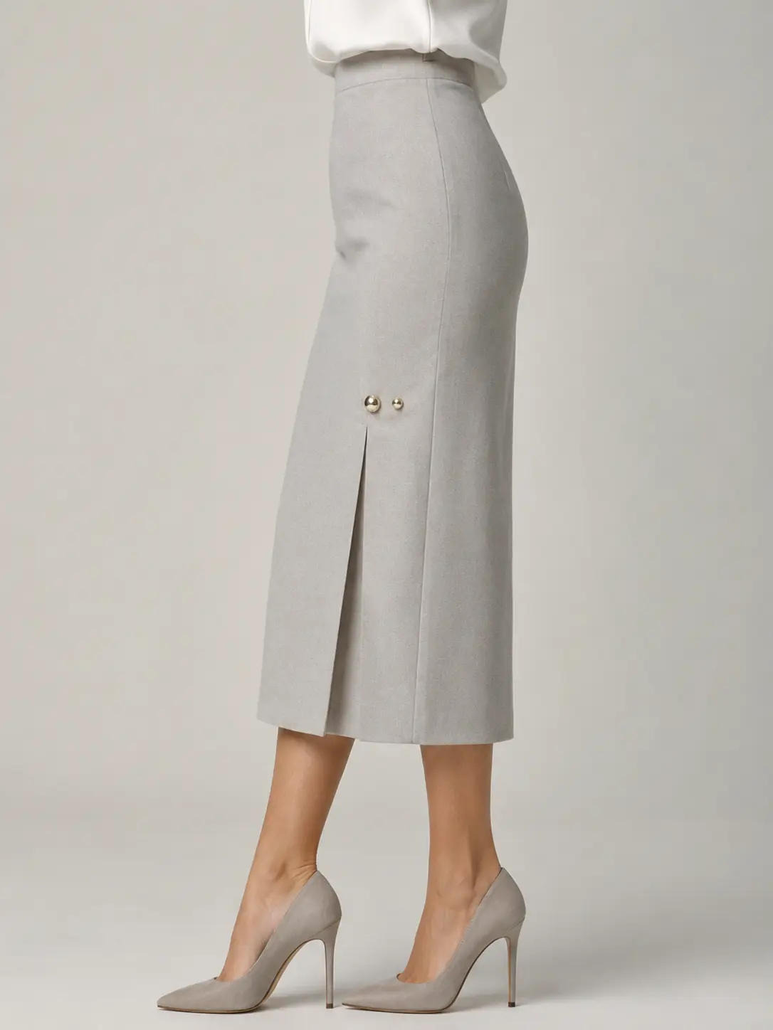 Light Grey Button-Detail Pencil Midi Skirt