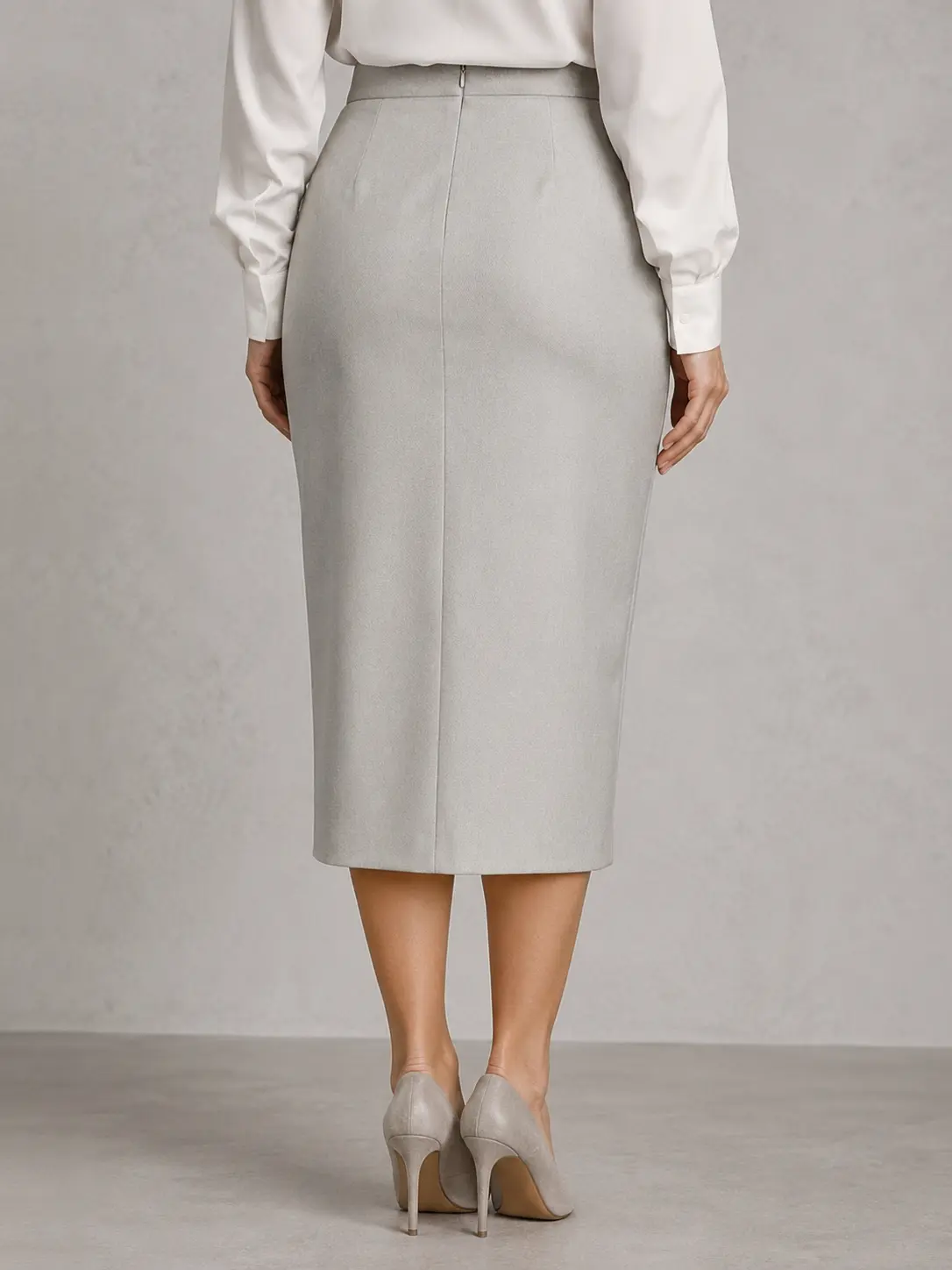 Light Grey Button-Detail Pencil Midi Skirt