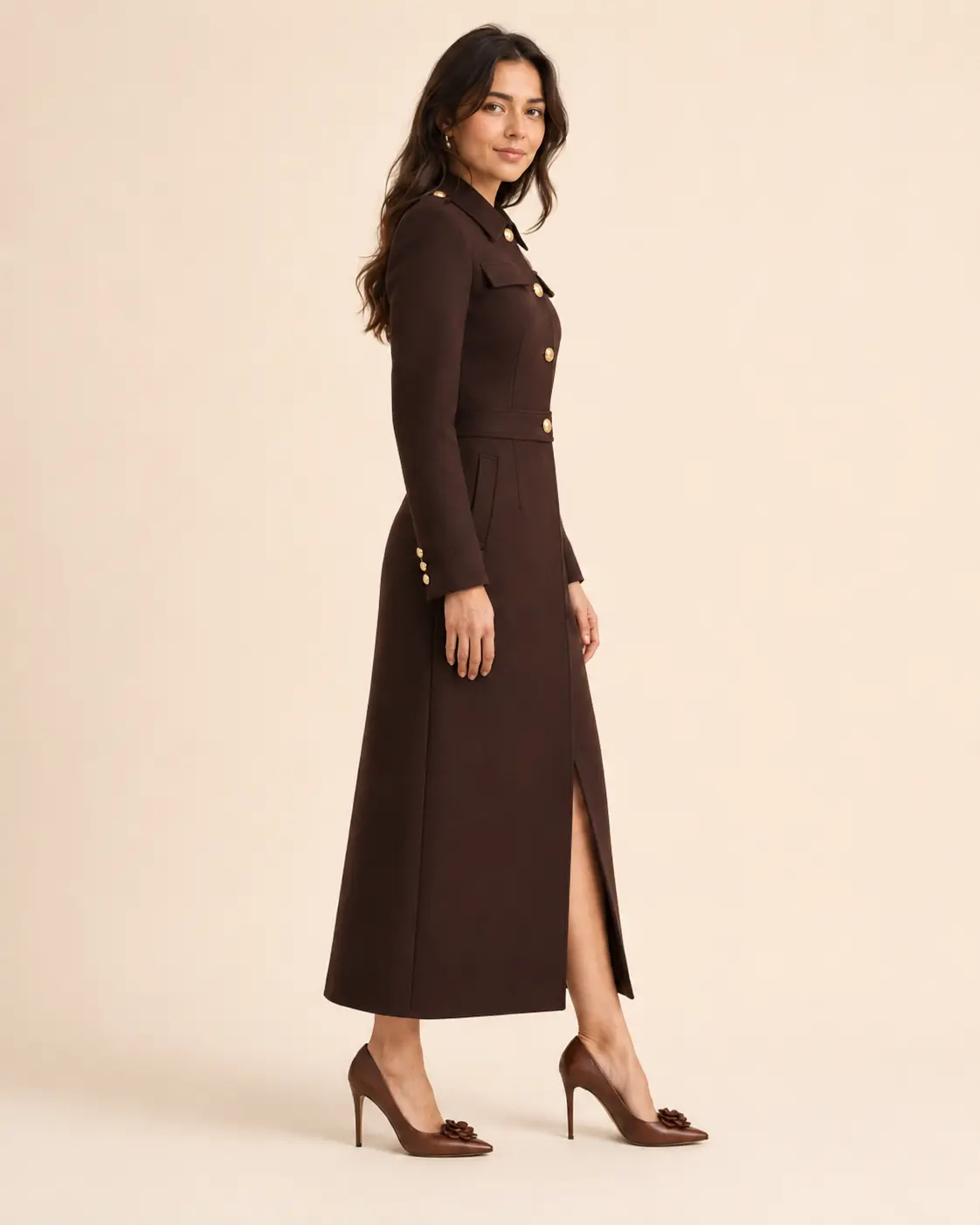 Chocolate Brown Military-Inspired Coat Dress