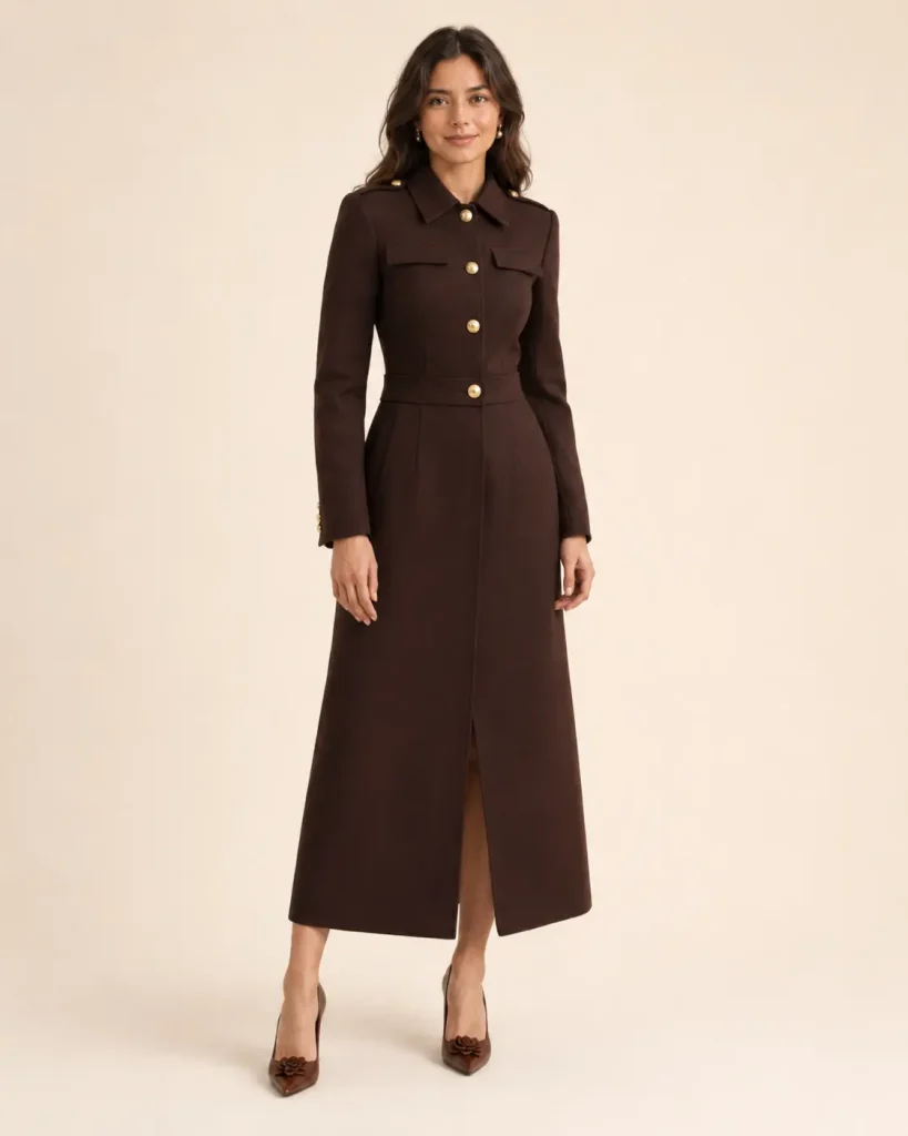 Chocolate Brown Military-Inspired Coat Dress