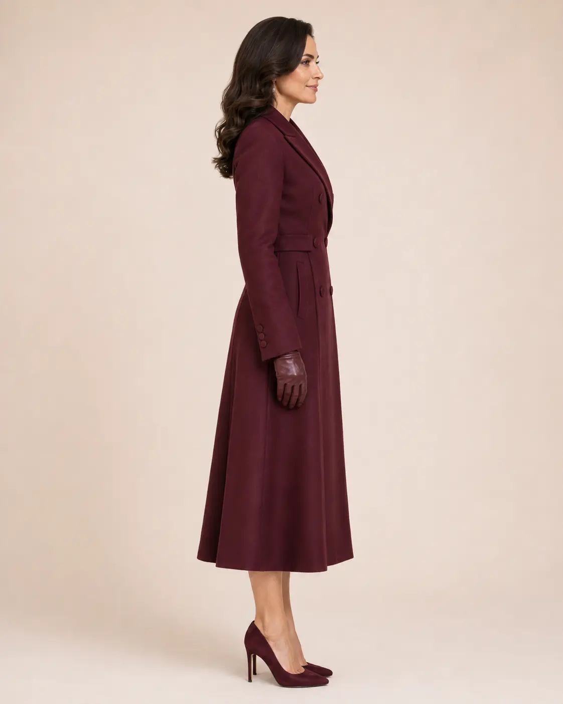 Burgundy Double-Breasted Belted Coat