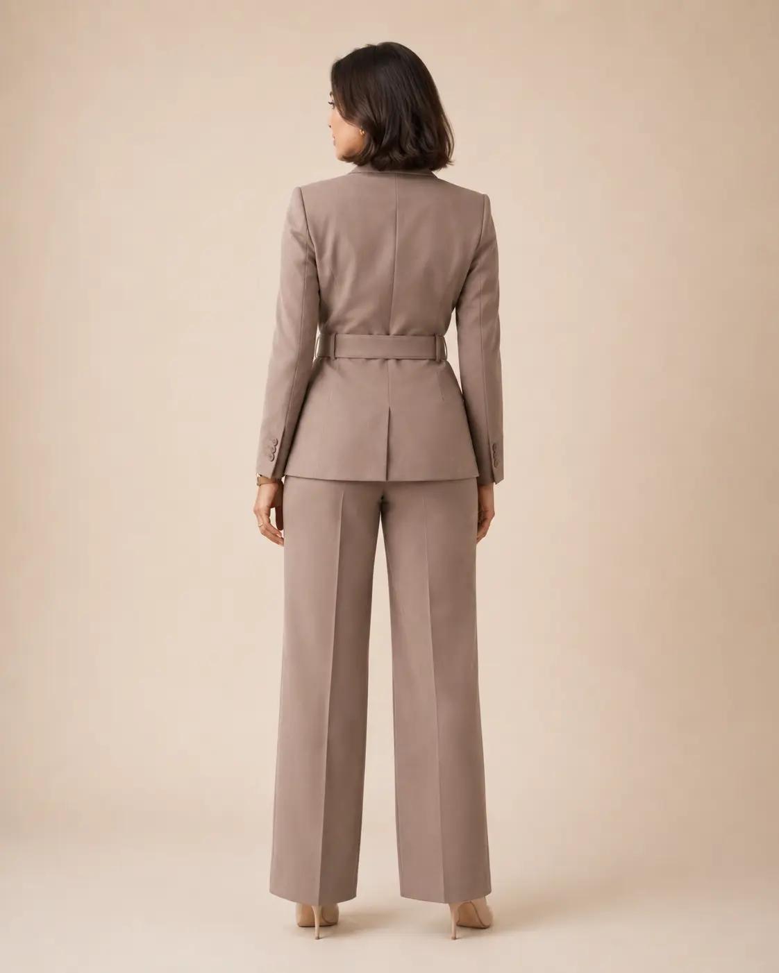 Taupe Double-Breasted Belted Suit