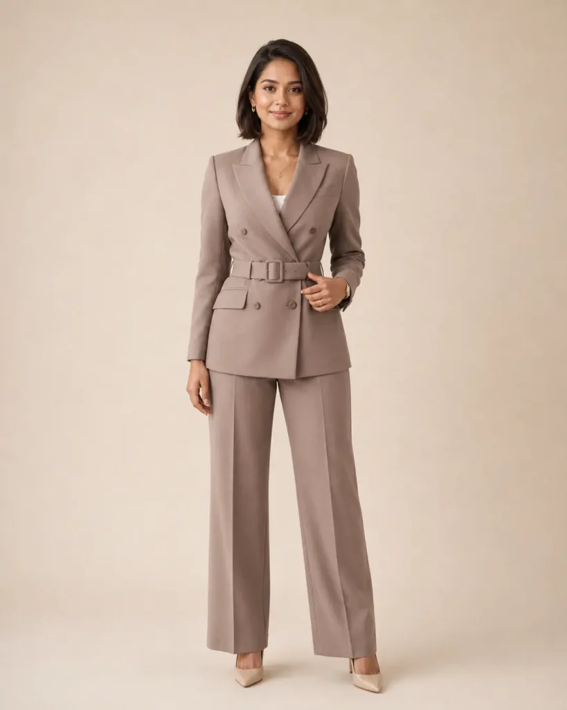 Taupe Double-Breasted Belted Suit