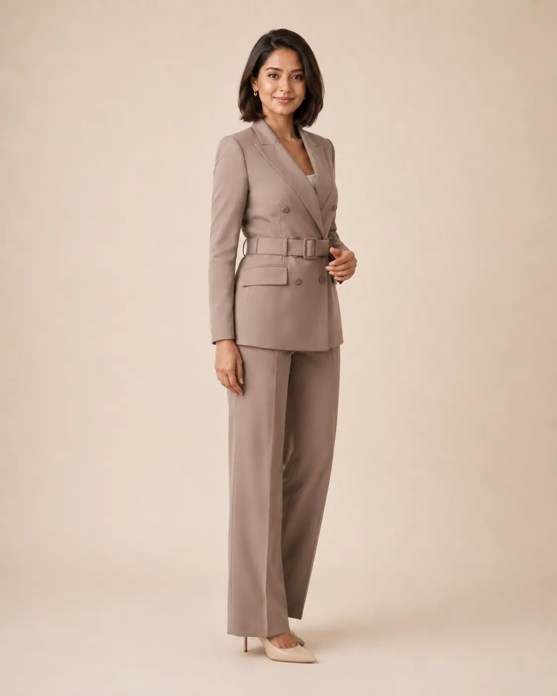 Taupe Double-Breasted Belted Suit