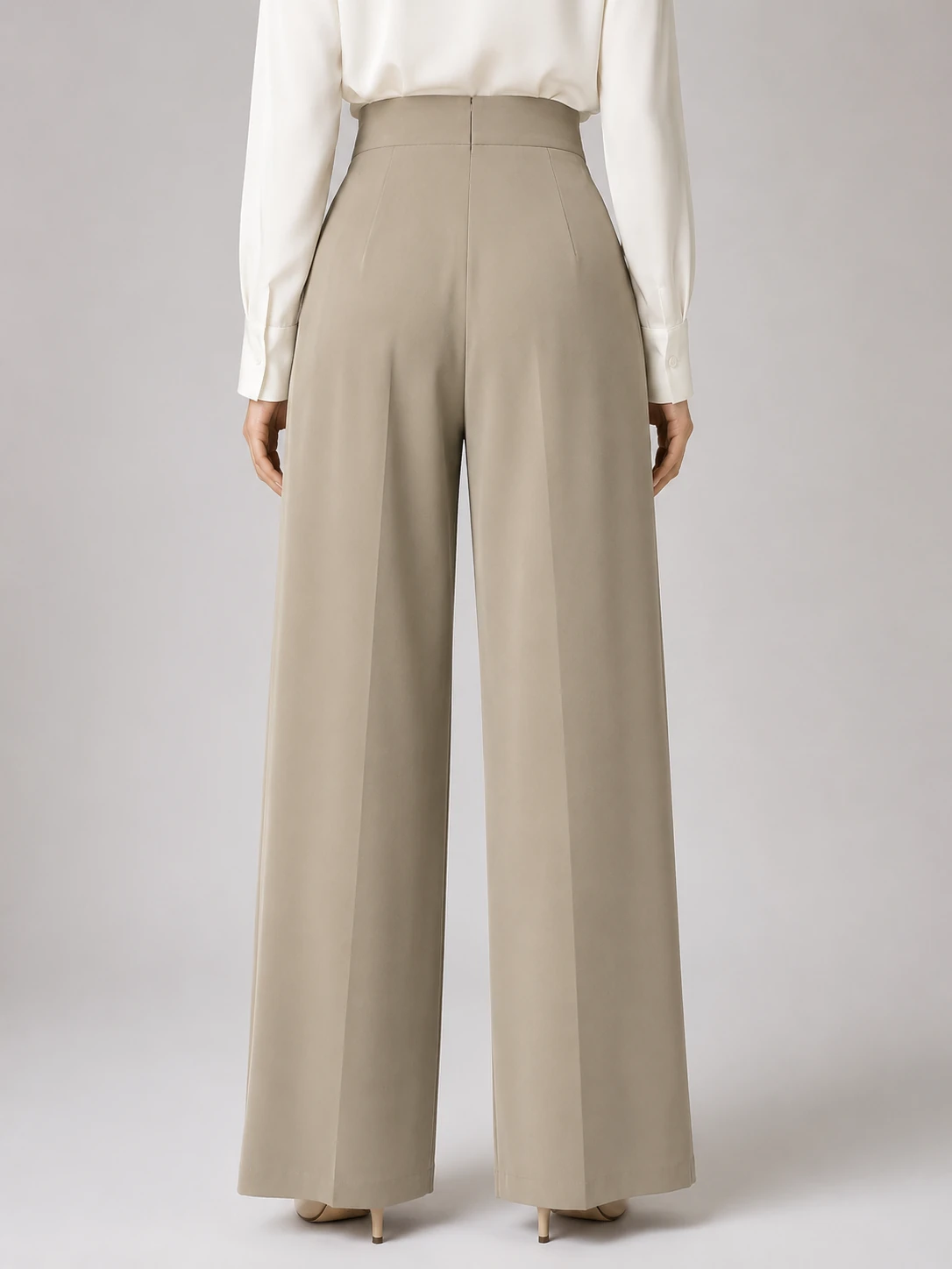 Taupe High-Waisted Button-Detail Wide-Leg Trousers